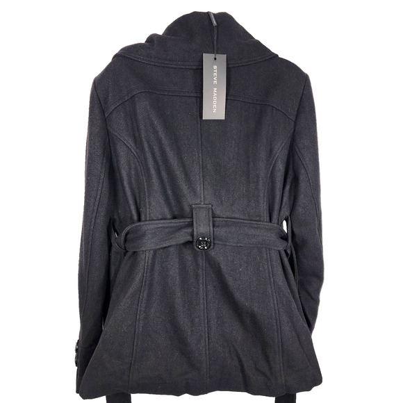Steve Madden Women Peacoat Belted Wool Blend Black Lined Size XL Pockets Outdoor - Picture 2 of 14